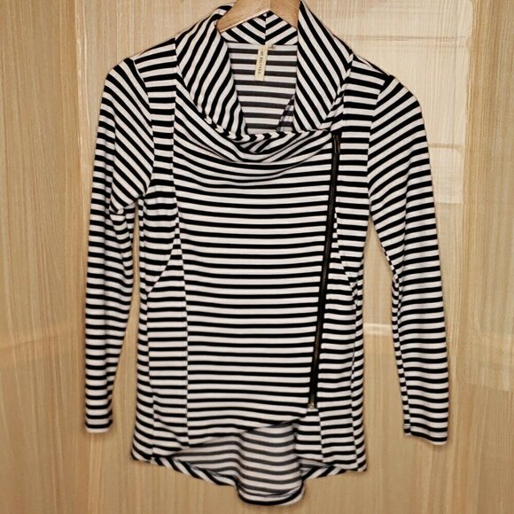 My Beloved Jackets & Blazers - My Beloved Black White Stripe High Low Side Zip Lightweight Knit Jacket …